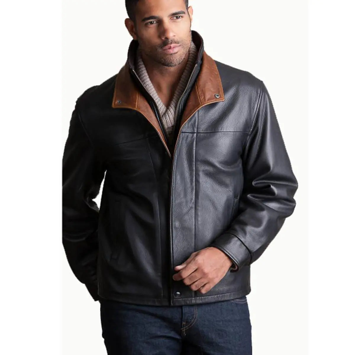 Leather jacket double on sale collar