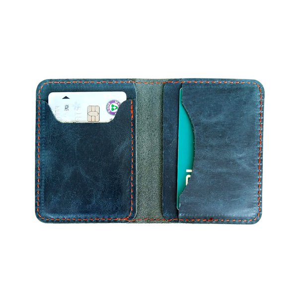 Navy Leather Bifold Card Holder - Mini Wallet