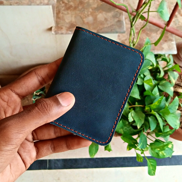 Navy Leather Bifold Card Holder - Mini Wallet