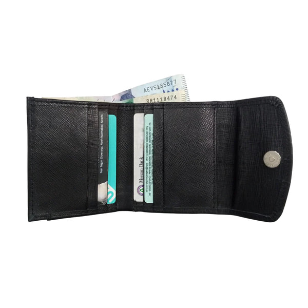 Black Trifold Leather Wallet with Magnetic Snap Closure