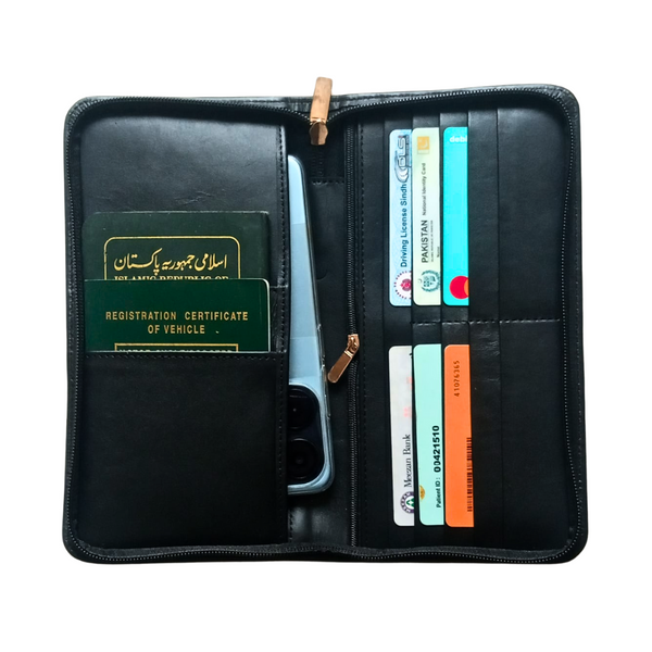 Black Leather Zipper Folder Wallet