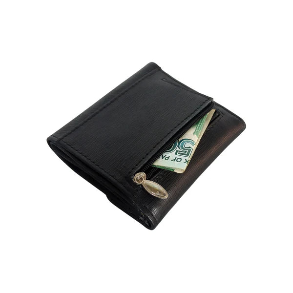 Black Trifold Leather Wallet with Magnetic Snap Closure