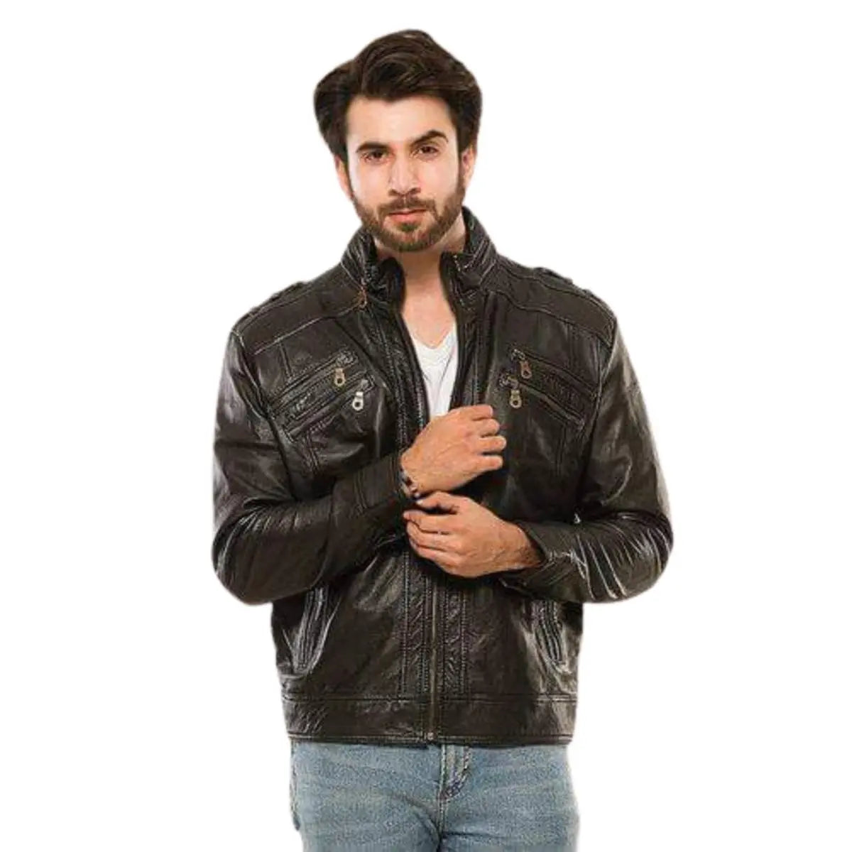 Black Leather Biker Jacket for Men