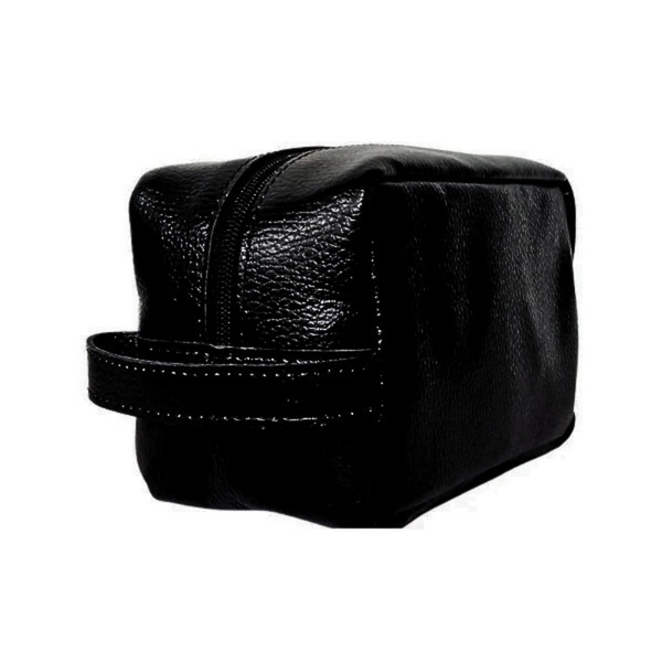 Black Leather Toiletry Bag - Shaving Kit - Cosmetic Pouch