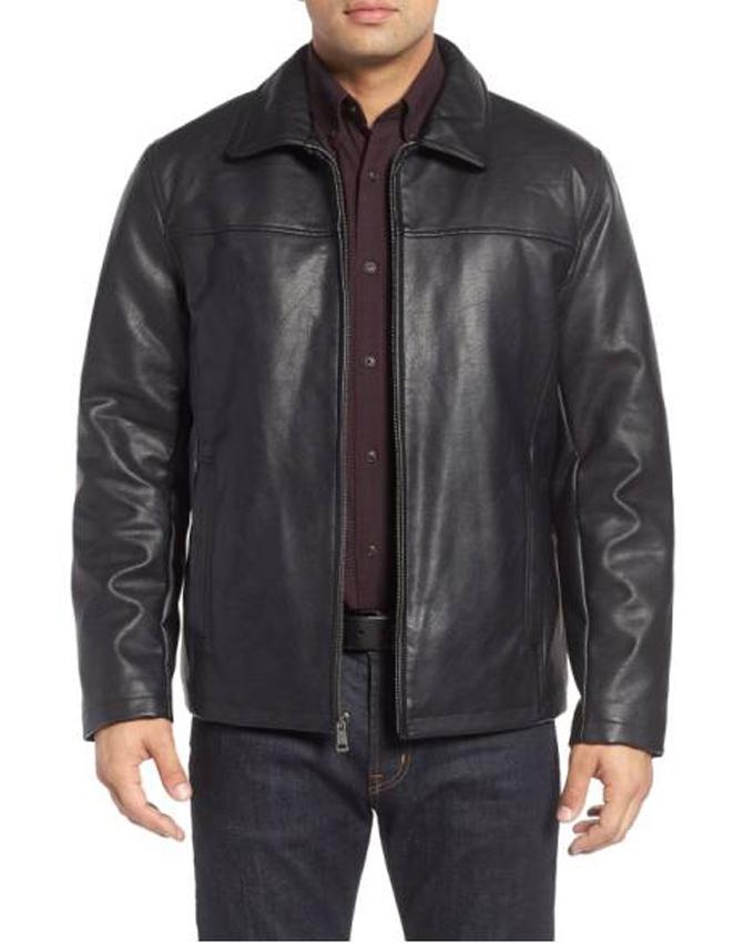 Black Leather Straight Zipper Jacket for Men