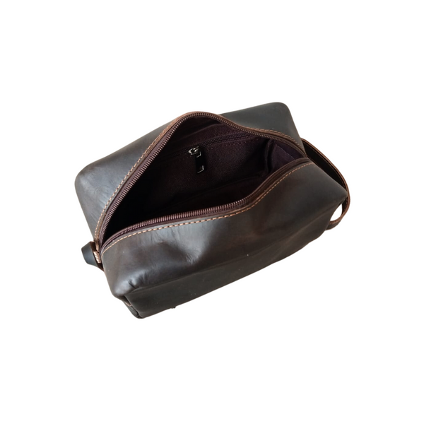 Coffee Leather Toiletry Bag - Shaving Kit - Cosmetic Pouch