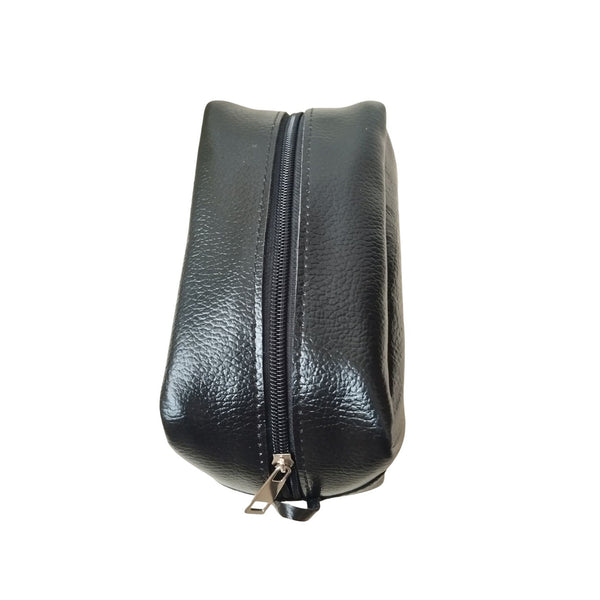 Black Leather Toiletry Bag - Shaving Kit - Cosmetic Pouch