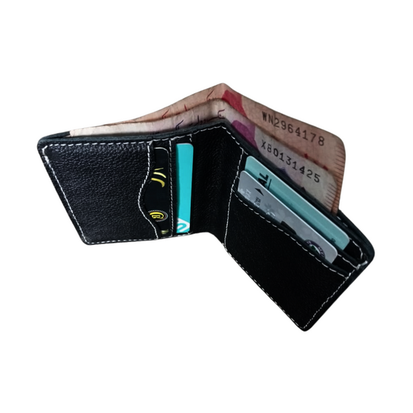 Black Textured Leather Bifold Mini Wallet - Front Pocket Card Holder