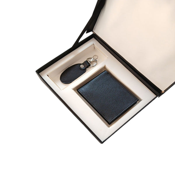 Black Textured Leather Wallet and Keyring Gift Set