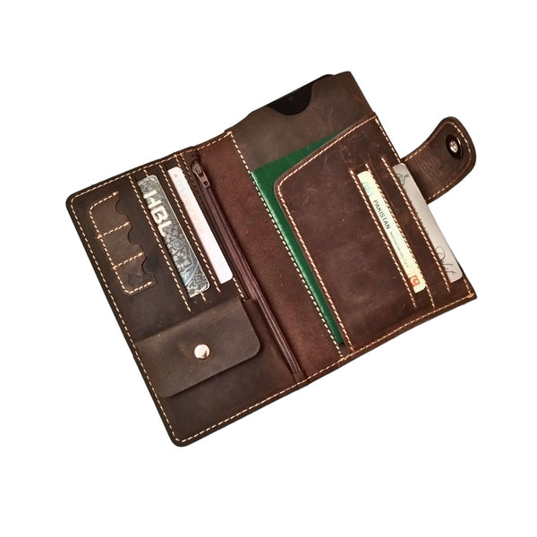 Coffee Brown Leather Travel Wallet with Mobile Pouch