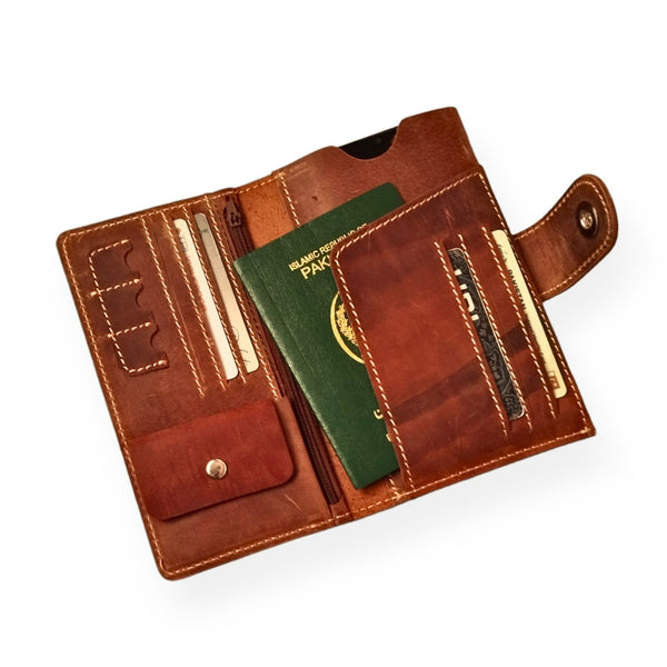 Tan Leather Travel Wallet with Mobile Pouch