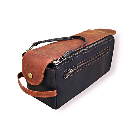 Black & Rust Leather Toiletry Bag - Dopp Kit