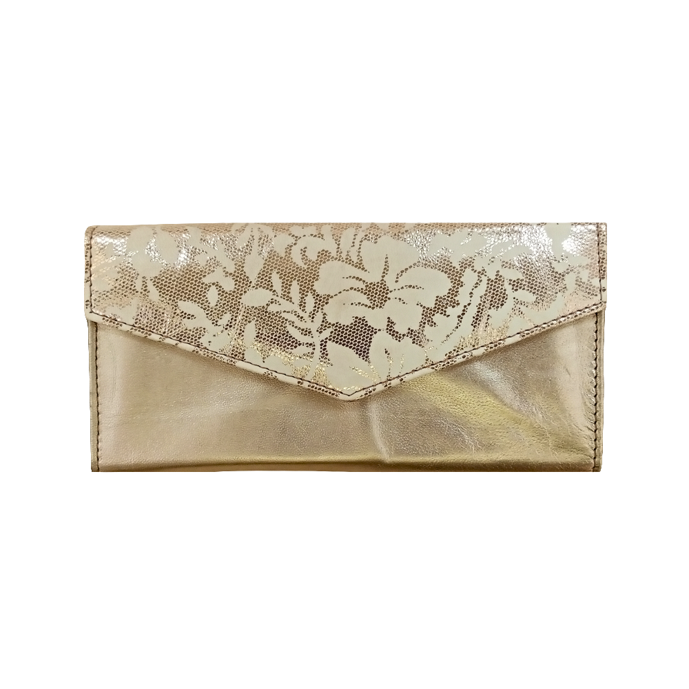 Pearl Leather Clutch Bag with Flower Printed Flap