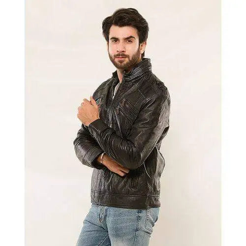 Black Leather Biker Jacket for Men