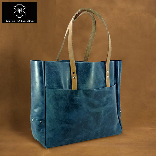 Navy Leather Carryall Tote Bag