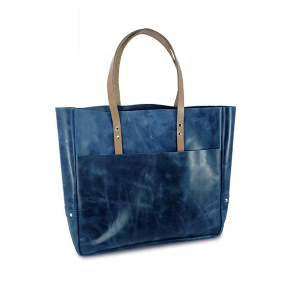 Navy Leather Carryall Tote Bag